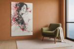 Woman portrait with cherry blossom branches and ink splatter in pink, red and charcoal, mixed-media canvas wall art