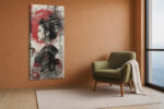 Woman in profile with black kimono and red brushstroke halo, mixed-media portrait canvas for living room or home office