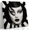 Photorealistic female portrait with radiating black-and-white stripes and graphic eye mask, art deco canvas wall art
