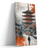 Lone traveller on a Kyoto street facing a red-orange pagoda, mixed-media canvas with paint splatter overlay