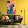 Crowned crane bird with teal plumage and pink blossoms in vivid orange and teal, bohemian wall art canvas