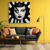 Photorealistic female portrait with radiating black-and-white stripes and graphic eye mask, art deco canvas wall art