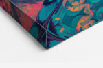 Crowned crane bird with teal plumage and pink blossoms in vivid orange and teal, bohemian wall art canvas