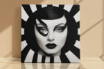 Photorealistic female portrait with radiating black-and-white stripes and graphic eye mask, art deco canvas wall art