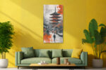 Lone traveller on a Kyoto street facing a red-orange pagoda, mixed-media canvas with paint splatter overlay