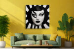 Photorealistic female portrait with radiating black-and-white stripes and graphic eye mask, art deco canvas wall art