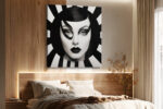 Photorealistic female portrait with radiating black-and-white stripes and graphic eye mask, art deco canvas wall art
