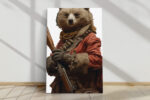 Anthropomorphic bear in crimson military coat holding a musket, bold digital art portrait canvas print