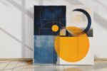 Bold geometric abstract with amber orange circle and dark navy shapes, contemporary mixed-media canvas wall art