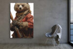 Anthropomorphic bear in crimson military coat holding a musket, bold digital art portrait canvas print