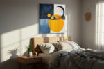 Bold geometric abstract with amber orange circle and dark navy shapes, contemporary mixed-media canvas wall art