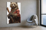 Anthropomorphic bear in crimson military coat holding a musket, bold digital art portrait canvas print