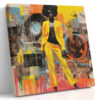 Bold afro woman in vivid yellow suit with vinyl records and paint drips, retro mixed-media portrait canvas wall art