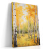 Birch tree trunks in golden amber and off-white impasto oil painting, autumn forest wall art canvas for living room