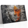 Cracked plaster face with vivid orange paint drips, dramatic digital art canvas for living room or home office