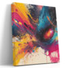Abstract acrylic paint burst in vivid yellow, magenta, and cyan on dark navy, bold wall art canvas for living room