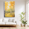 Birch tree trunks in golden amber and off-white impasto oil painting, autumn forest wall art canvas for living room