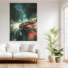 Red sports car racing through a rain-soaked night city in deep teal and neon, bold digital art canvas print