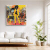 Bold afro woman in vivid yellow suit with vinyl records and paint drips, retro mixed-media portrait canvas wall art