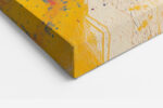 Abstract acrylic paint burst in vivid yellow, magenta, and cyan on dark navy, bold wall art canvas for living room