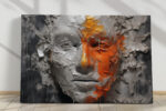 Cracked plaster face with vivid orange paint drips, dramatic digital art canvas for living room or home office