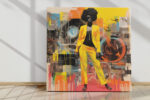 Bold afro woman in vivid yellow suit with vinyl records and paint drips, retro mixed-media portrait canvas wall art
