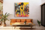 Bold afro woman in vivid yellow suit with vinyl records and paint drips, retro mixed-media portrait canvas wall art