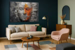 Cracked plaster face with vivid orange paint drips, dramatic digital art canvas for living room or home office