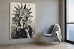 Monochromatic mixed-media female figure with spiked headdress and mask overlay, bold eclectic portrait canvas print
