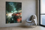 Red sports car racing through a rain-soaked night city in deep teal and neon, bold digital art canvas print