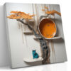 Teal cat on white shelf beside sculptural tree with vivid orange pod, whimsical digital art canvas for living room