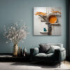 Teal cat on white shelf beside sculptural tree with vivid orange pod, whimsical digital art canvas for living room