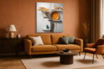Teal cat on white shelf beside sculptural tree with vivid orange pod, whimsical digital art canvas for living room