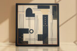Geometric grid mosaic in cream, charcoal and burnt orange, mid-century modern abstract wall art canvas for living room