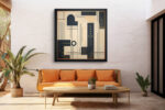 Geometric grid mosaic in cream, charcoal and burnt orange, mid-century modern abstract wall art canvas for living room