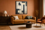 Geometric grid mosaic in cream, charcoal and burnt orange, mid-century modern abstract wall art canvas for living room