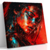 Female warrior portrait in vivid crimson and cyan, graphic-novel digital art canvas for living room or home office