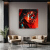 Female warrior portrait in vivid crimson and cyan, graphic-novel digital art canvas for living room or home office
