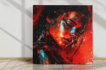 Female warrior portrait in vivid crimson and cyan, graphic-novel digital art canvas for living room or home office