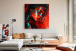 Female warrior portrait in vivid crimson and cyan, graphic-novel digital art canvas for living room or home office