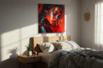 Female warrior portrait in vivid crimson and cyan, graphic-novel digital art canvas for living room or home office