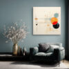 Abstract circles and ink grid in warm orange, steel blue and cream, geometric mixed-media wall art canvas