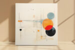 Abstract circles and ink grid in warm orange, steel blue and cream, geometric mixed-media wall art canvas