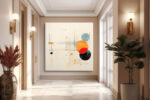 Abstract circles and ink grid in warm orange, steel blue and cream, geometric mixed-media wall art canvas