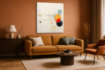 Abstract circles and ink grid in warm orange, steel blue and cream, geometric mixed-media wall art canvas