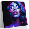 Woman's face with paint drips in electric blue and vivid magenta-purple, dramatic portrait digital art canvas for living room