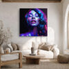 Woman's face with paint drips in electric blue and vivid magenta-purple, dramatic portrait digital art canvas for living room