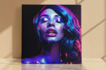 Woman's face with paint drips in electric blue and vivid magenta-purple, dramatic portrait digital art canvas for living room