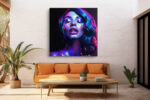Woman's face with paint drips in electric blue and vivid magenta-purple, dramatic portrait digital art canvas for living room