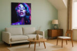 Woman's face with paint drips in electric blue and vivid magenta-purple, dramatic portrait digital art canvas for living room